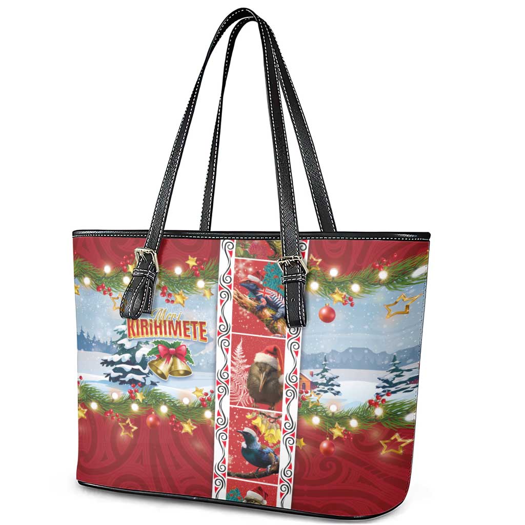 New Zealand Merry Christmas Leather Tote Bag Maori Animals, Koru Tattoo - Red Xmas Style LT03 - Polynesian Pride