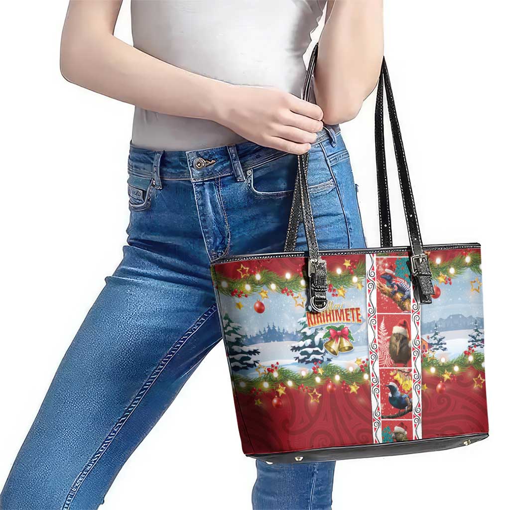 New Zealand Merry Christmas Leather Tote Bag Maori Animals, Koru Tattoo - Red Xmas Style LT03 - Polynesian Pride