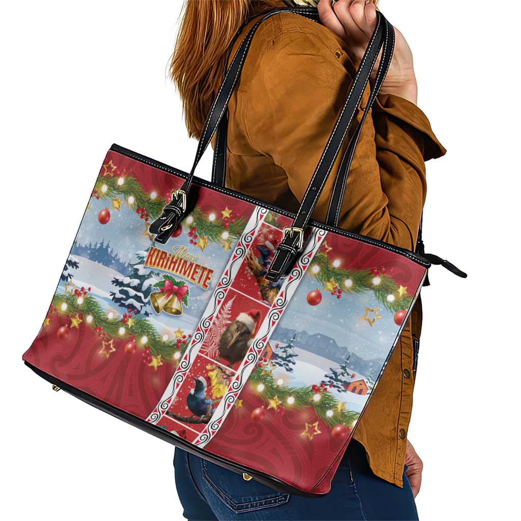 New Zealand Merry Christmas Leather Tote Bag Maori Animals, Koru Tattoo - Red Xmas Style LT03 - Polynesian Pride