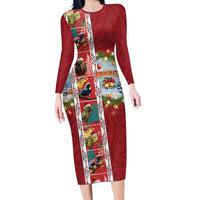 New Zealand Merry Christmas Long Sleeve Bodycon Dress Maori Animals, Koru Tattoo - Red Xmas Style LT03 Long Dress Red - Polynesian Pride