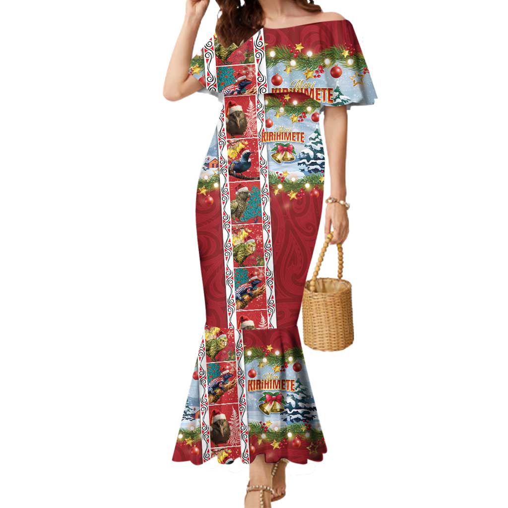 New Zealand Merry Christmas Mermaid Dress Maori Animals, Koru Tattoo - Red Xmas Style LT03 Women Red - Polynesian Pride