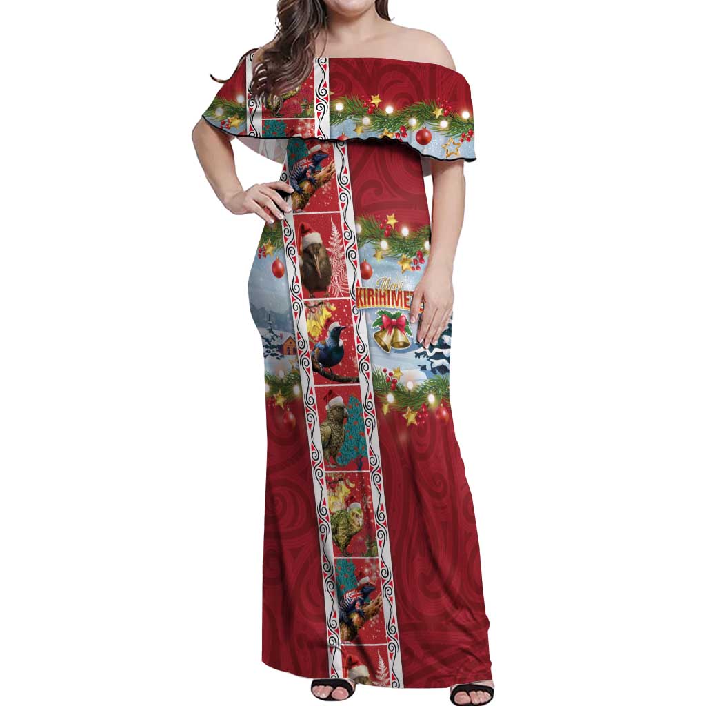 New Zealand Merry Christmas Off Shoulder Maxi Dress Maori Animals, Koru Tattoo - Red Xmas Style LT03 Women Red - Polynesian Pride