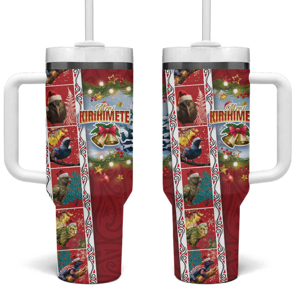 New Zealand Merry Christmas Tumbler With Handle Maori Animals Xmas Style and Koru Tattoo Red Color LT03 One Size: 40 oz Red - Polynesian Pride