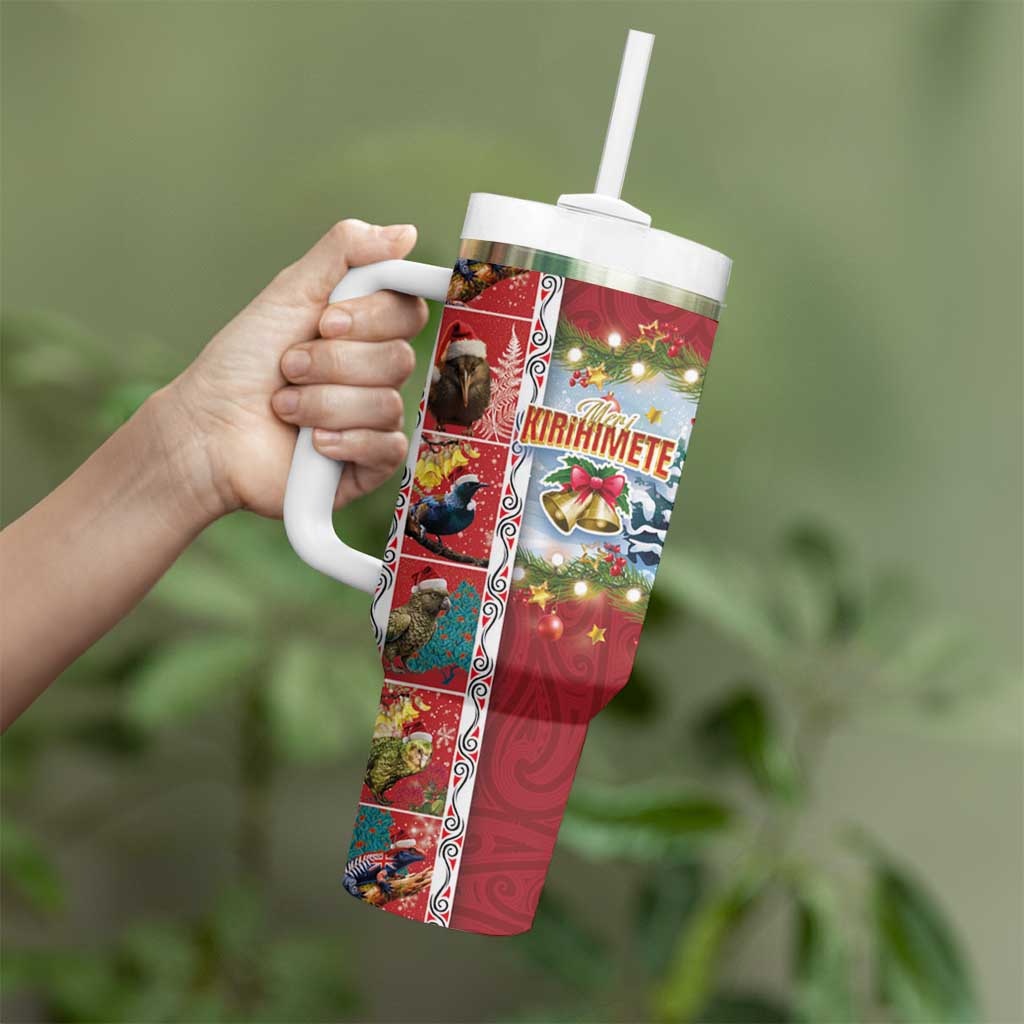 New Zealand Merry Christmas Tumbler With Handle Maori Animals Xmas Style and Koru Tattoo Red Color LT03 - Polynesian Pride
