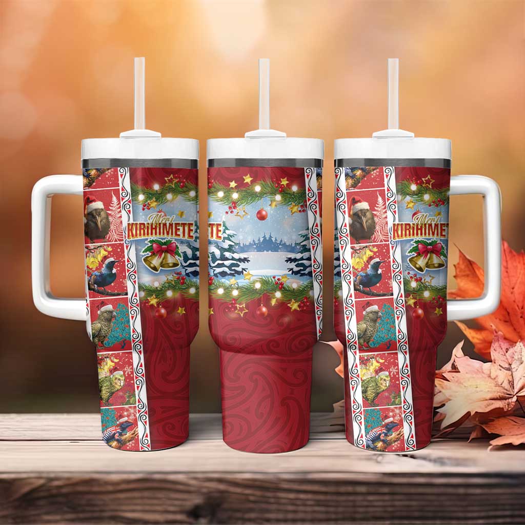 New Zealand Merry Christmas Tumbler With Handle Maori Animals Xmas Style and Koru Tattoo Red Color LT03 - Polynesian Pride