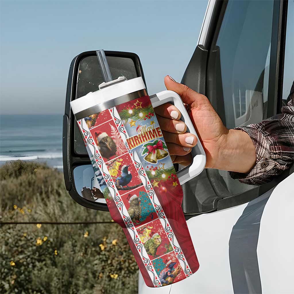 New Zealand Merry Christmas Tumbler With Handle Maori Animals Xmas Style and Koru Tattoo Red Color LT03 - Polynesian Pride