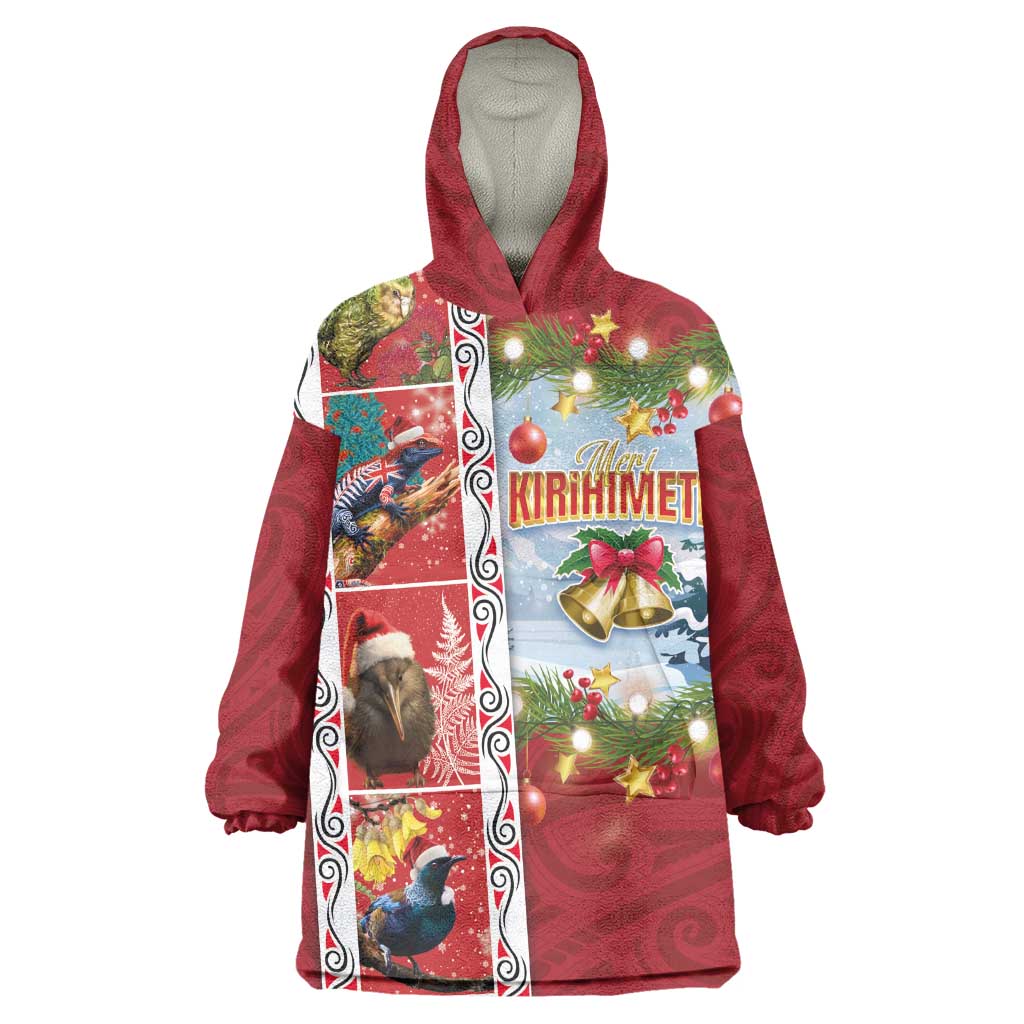 New Zealand Merry Christmas Wearable Blanket Hoodie Maori Animals, Koru Tattoo - Red Xmas Style LT03 One Size Red - Polynesian Pride