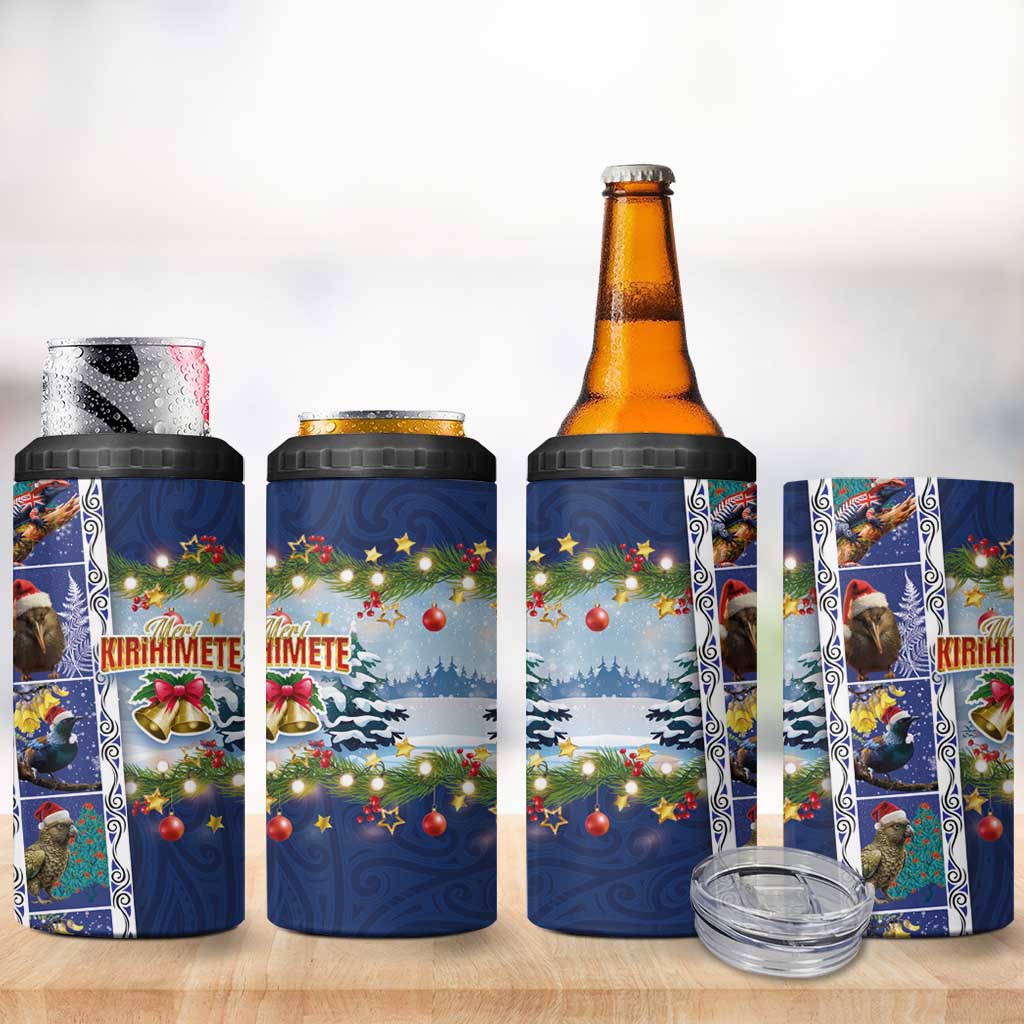 New Zealand Merry Christmas 4 in 1 Can Cooler Tumbler Maori Animals Xmas Style and Koru Tattoo Blue Color LT03 - Polynesian Pride