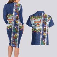 New Zealand Merry Christmas Couples Matching Long Sleeve Bodycon Dress and Hawaiian Shirt Maori Animals, Koru Tattoo - Blue Xmas Style LT03 - Polynesian Pride