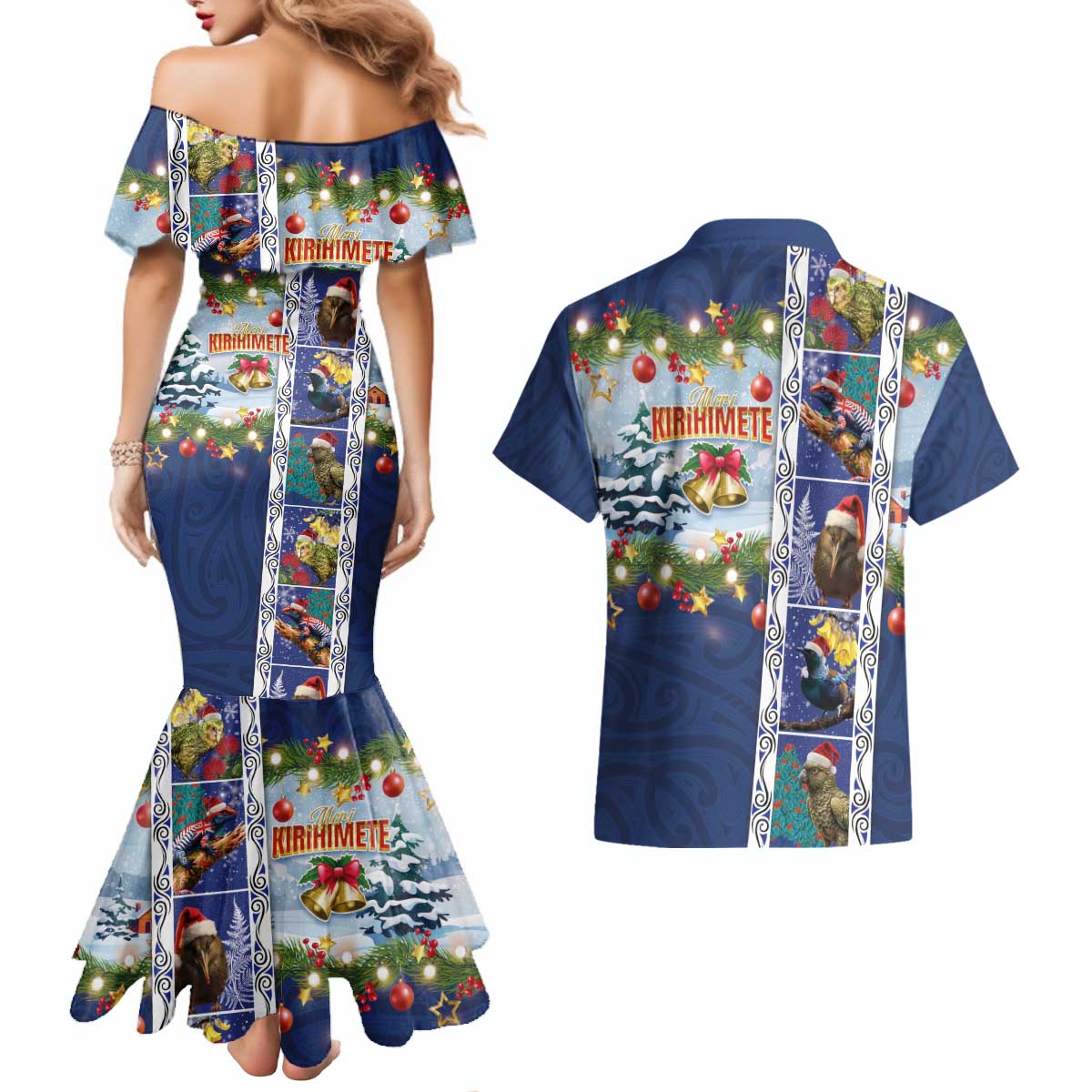 New Zealand Merry Christmas Couples Matching Mermaid Dress and Hawaiian Shirt Maori Animals, Koru Tattoo - Blue Xmas Style LT03 - Polynesian Pride