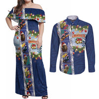 New Zealand Merry Christmas Couples Matching Off Shoulder Maxi Dress and Long Sleeve Button Shirt Maori Animals, Koru Tattoo - Blue Xmas Style LT03 Blue - Polynesian Pride