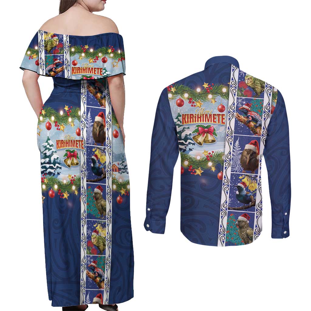 New Zealand Merry Christmas Couples Matching Off Shoulder Maxi Dress and Long Sleeve Button Shirt Maori Animals, Koru Tattoo - Blue Xmas Style LT03 - Polynesian Pride