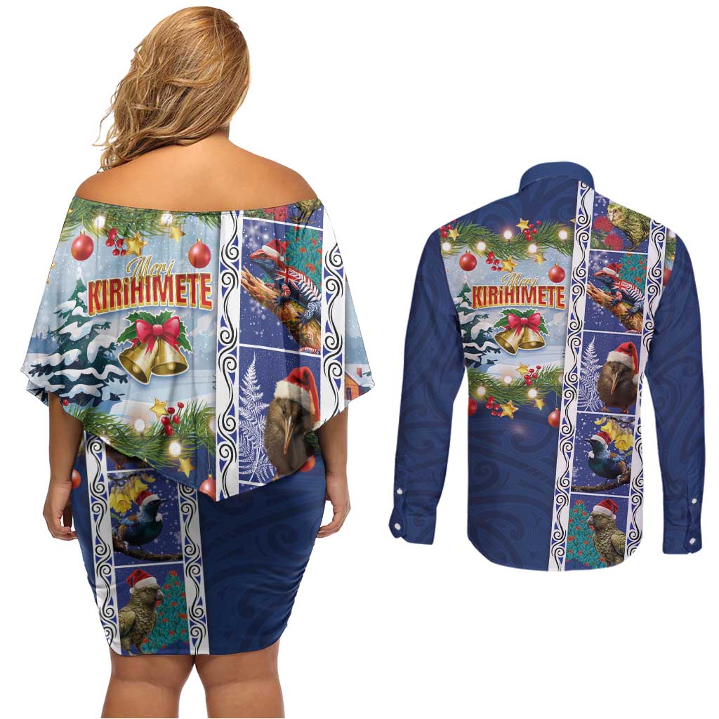 New Zealand Merry Christmas Couples Matching Off Shoulder Short Dress and Long Sleeve Button Shirt Maori Animals, Koru Tattoo - Blue Xmas Style LT03 - Polynesian Pride