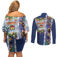 New Zealand Merry Christmas Couples Matching Off Shoulder Short Dress and Long Sleeve Button Shirt Maori Animals, Koru Tattoo - Blue Xmas Style LT03 - Polynesian Pride