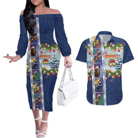 New Zealand Merry Christmas Couples Matching Off The Shoulder Long Sleeve Dress and Hawaiian Shirt Maori Animals, Koru Tattoo - Blue Xmas Style LT03 Blue - Polynesian Pride