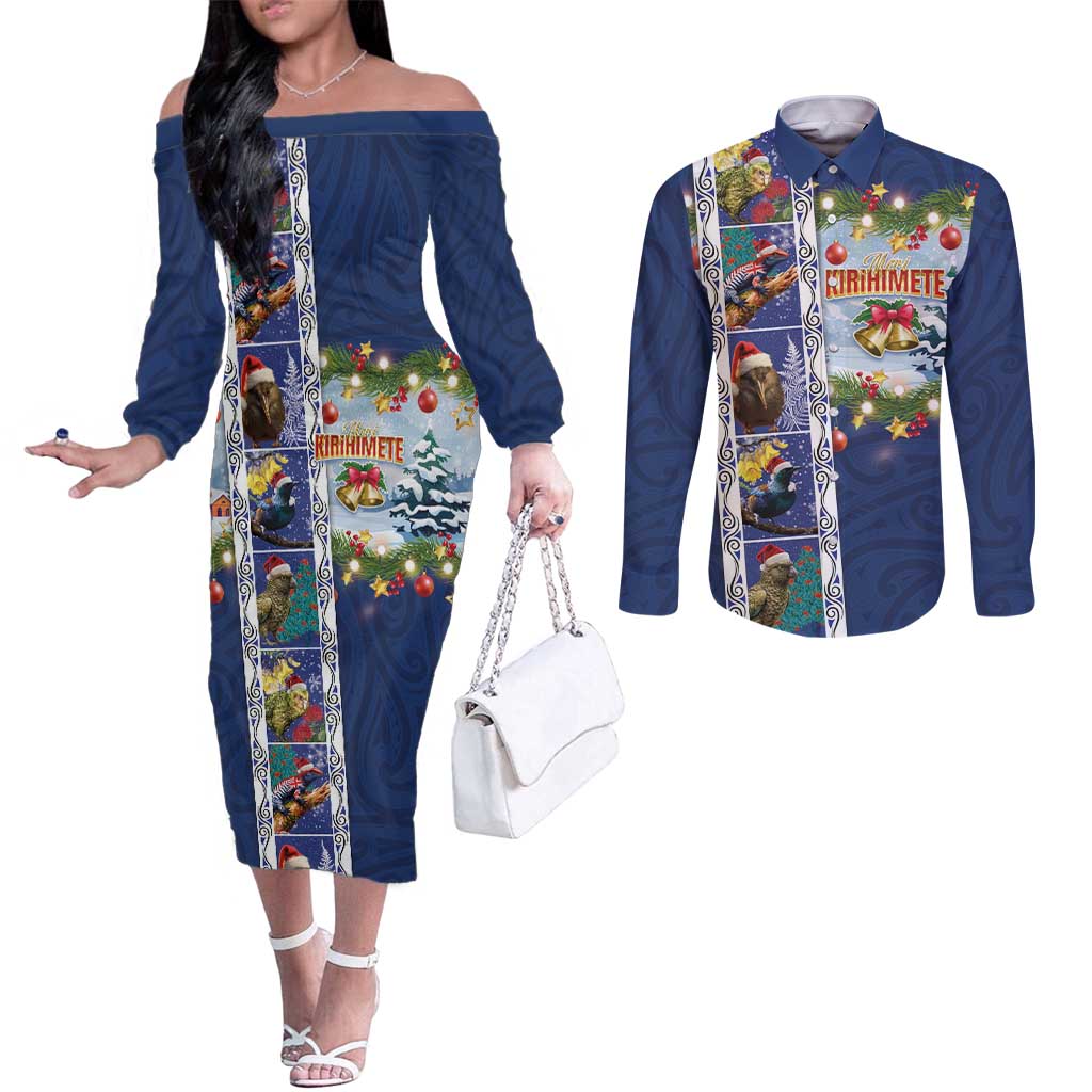 New Zealand Merry Christmas Couples Matching Off The Shoulder Long Sleeve Dress and Long Sleeve Button Shirt Maori Animals, Koru Tattoo - Blue Xmas Style LT03 Blue - Polynesian Pride