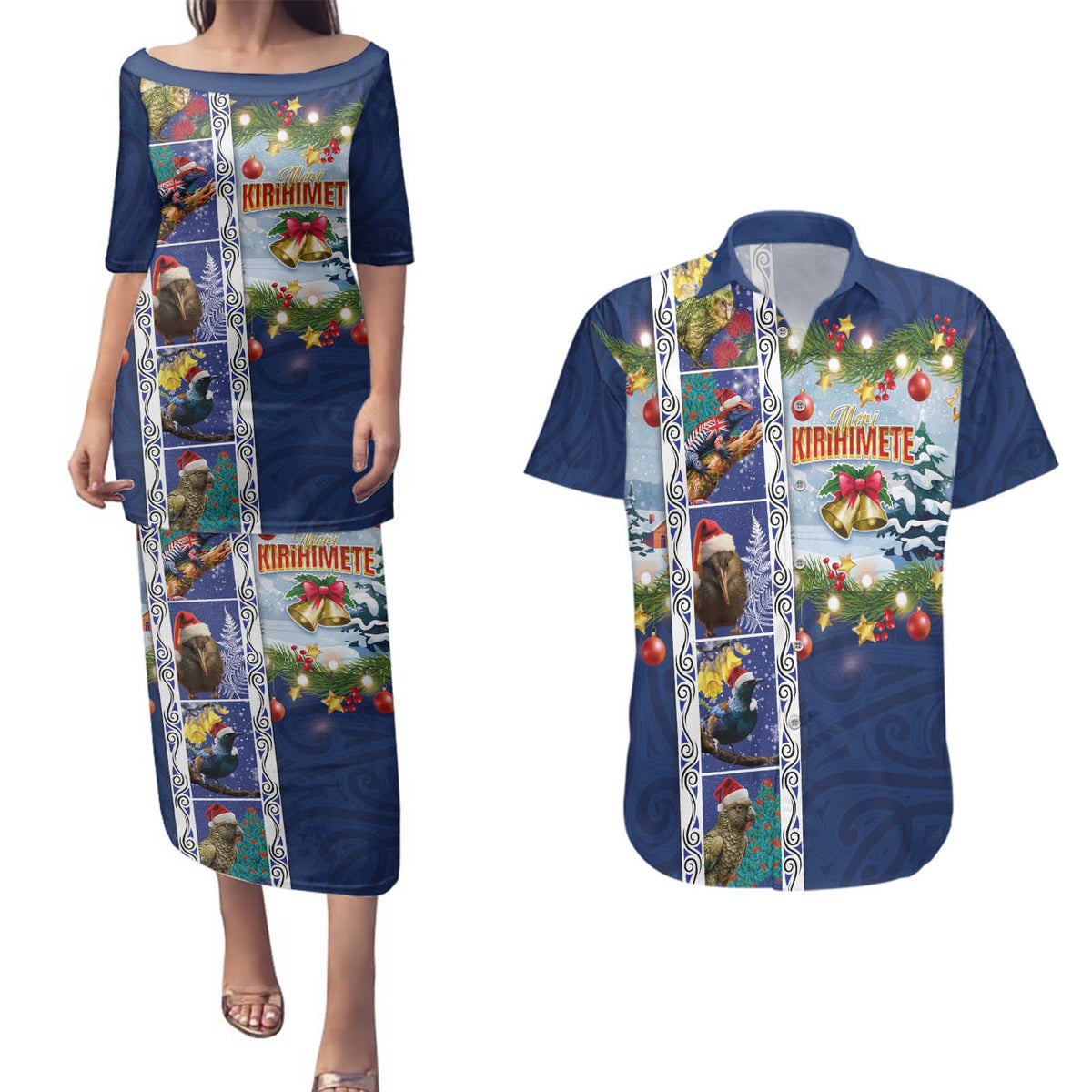 New Zealand Merry Christmas Couples Matching Puletasi and Hawaiian Shirt Maori Animals, Koru Tattoo - Blue Xmas Style LT03 Blue - Polynesian Pride