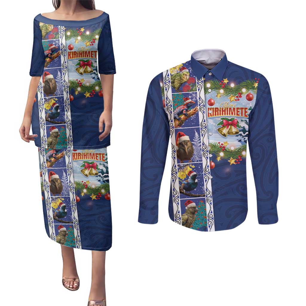 New Zealand Merry Christmas Couples Matching Puletasi and Long Sleeve Button Shirt Maori Animals, Koru Tattoo - Blue Xmas Style LT03 Blue - Polynesian Pride