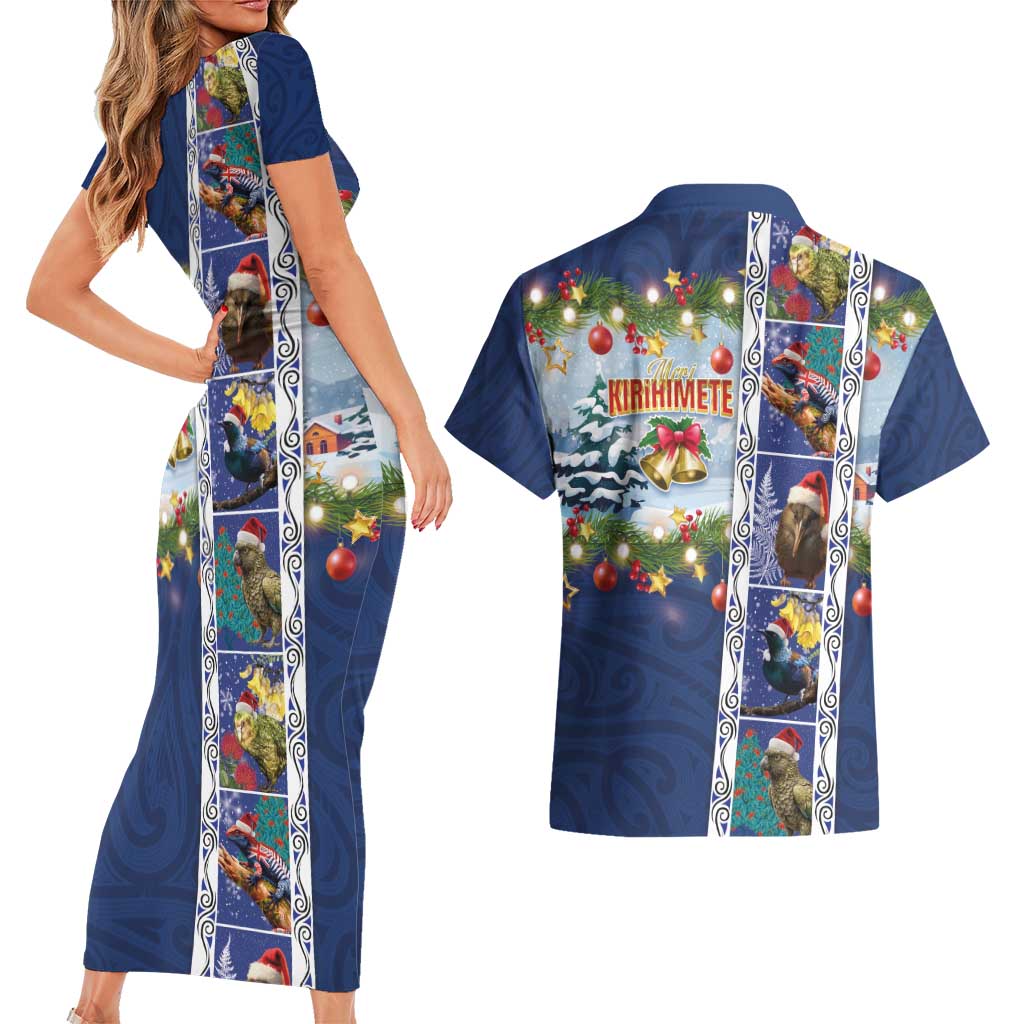 New Zealand Merry Christmas Couples Matching Short Sleeve Bodycon Dress and Hawaiian Shirt Maori Animals, Koru Tattoo - Blue Xmas Style LT03 - Polynesian Pride