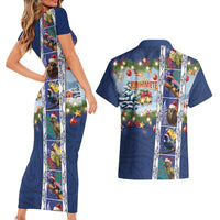 New Zealand Merry Christmas Couples Matching Short Sleeve Bodycon Dress and Hawaiian Shirt Maori Animals, Koru Tattoo - Blue Xmas Style LT03 - Polynesian Pride