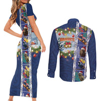 New Zealand Merry Christmas Couples Matching Short Sleeve Bodycon Dress and Long Sleeve Button Shirt Maori Animals, Koru Tattoo - Blue Xmas Style LT03 - Polynesian Pride
