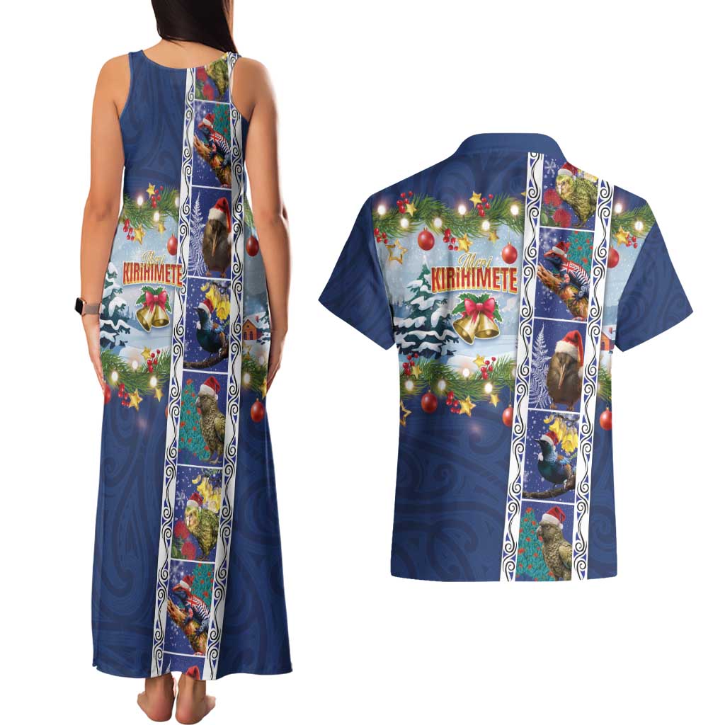 New Zealand Merry Christmas Couples Matching Tank Maxi Dress and Hawaiian Shirt Maori Animals, Koru Tattoo - Blue Xmas Style LT03 - Polynesian Pride