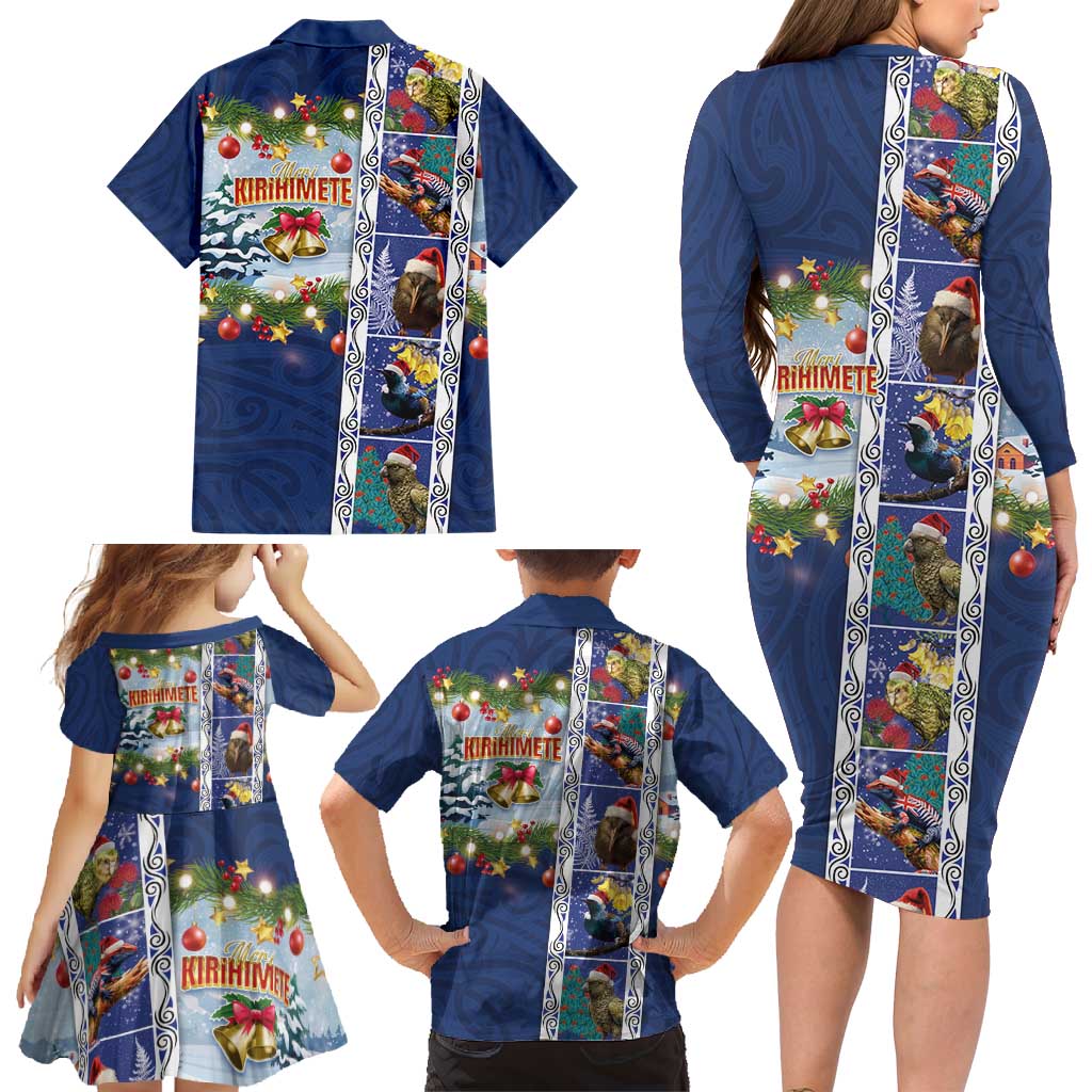 New Zealand Merry Christmas Family Matching Long Sleeve Bodycon Dress and Hawaiian Shirt Maori Animals, Koru Tattoo - Blue Xmas Style LT03 - Polynesian Pride