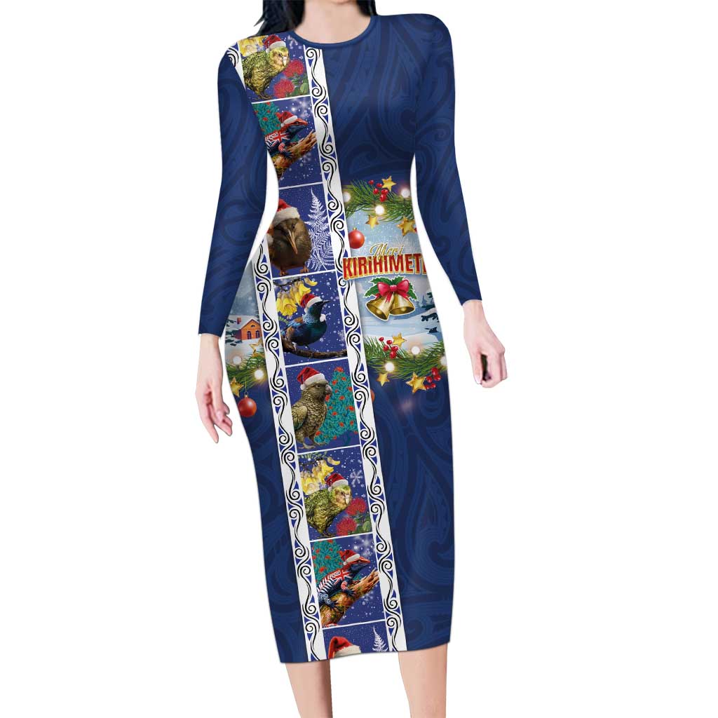 New Zealand Merry Christmas Family Matching Long Sleeve Bodycon Dress and Hawaiian Shirt Maori Animals, Koru Tattoo - Blue Xmas Style LT03 Mom's Dress Blue - Polynesian Pride