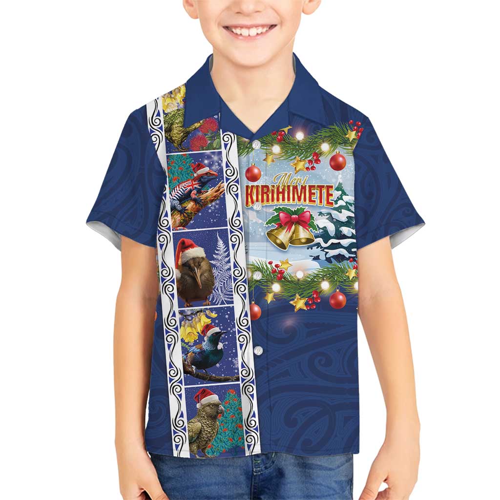 New Zealand Merry Christmas Family Matching Long Sleeve Bodycon Dress and Hawaiian Shirt Maori Animals, Koru Tattoo - Blue Xmas Style LT03 Son's Shirt Blue - Polynesian Pride