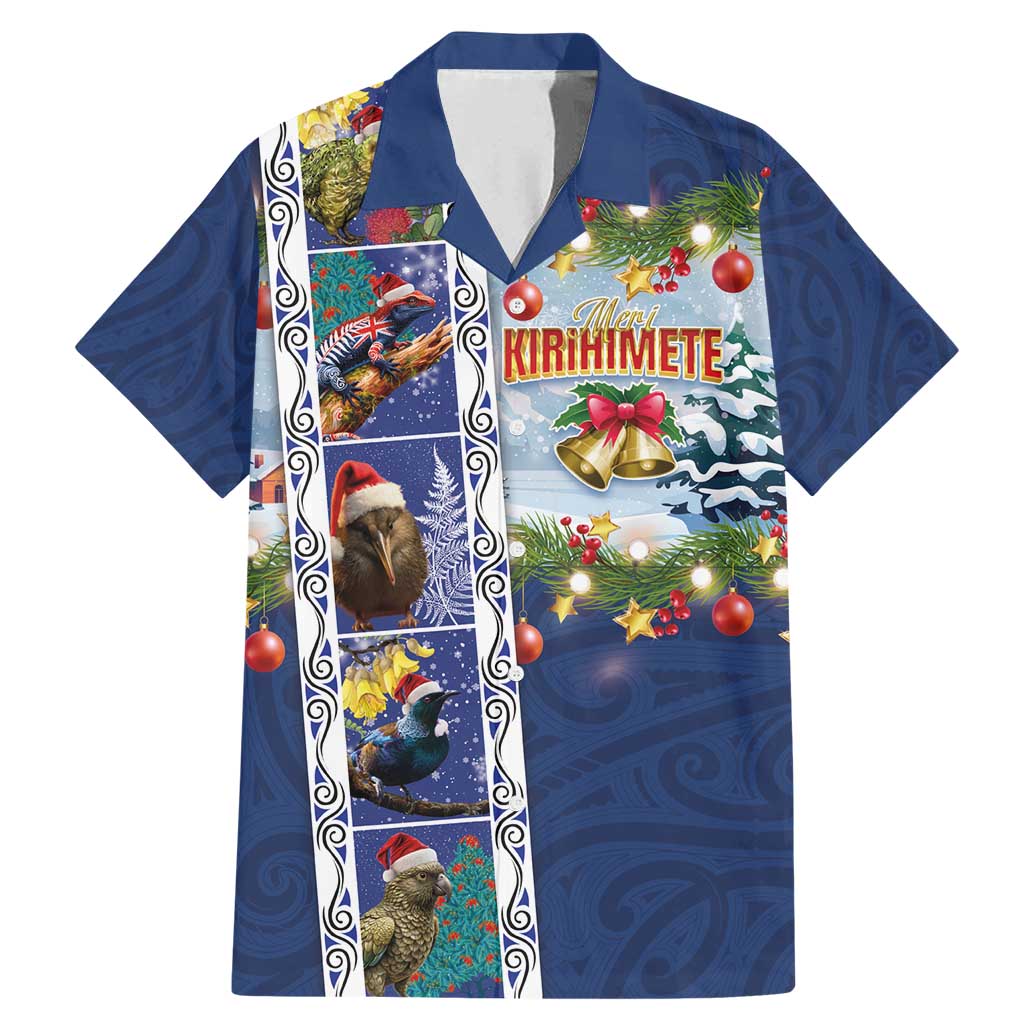 New Zealand Merry Christmas Family Matching Mermaid Dress and Hawaiian Shirt Maori Animals, Koru Tattoo - Blue Xmas Style LT03 Dad's Shirt - Short Sleeve Blue - Polynesian Pride
