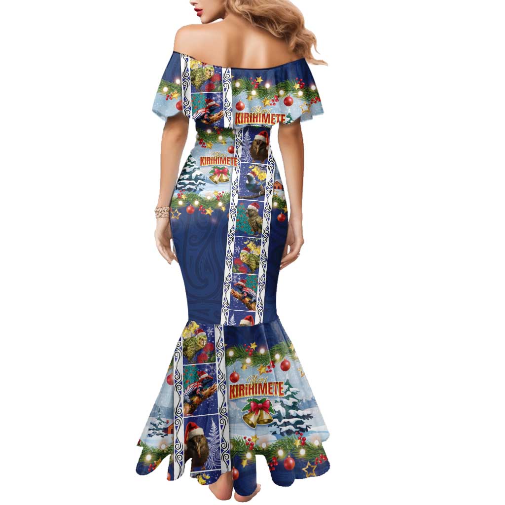 New Zealand Merry Christmas Family Matching Mermaid Dress and Hawaiian Shirt Maori Animals, Koru Tattoo - Blue Xmas Style LT03 - Polynesian Pride