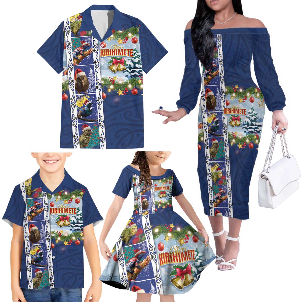 New Zealand Merry Christmas Family Matching Off The Shoulder Long Sleeve Dress and Hawaiian Shirt Maori Animals, Koru Tattoo - Blue Xmas Style LT03 - Polynesian Pride