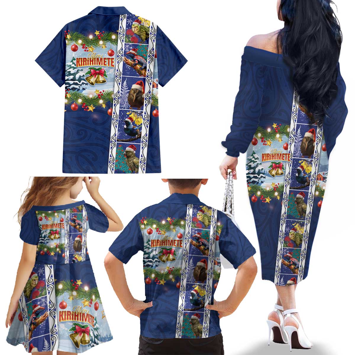 New Zealand Merry Christmas Family Matching Off The Shoulder Long Sleeve Dress and Hawaiian Shirt Maori Animals, Koru Tattoo - Blue Xmas Style LT03 - Polynesian Pride