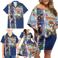 New Zealand Merry Christmas Family Matching Off Shoulder Short Dress and Hawaiian Shirt Maori Animals, Koru Tattoo - Blue Xmas Style LT03 - Polynesian Pride