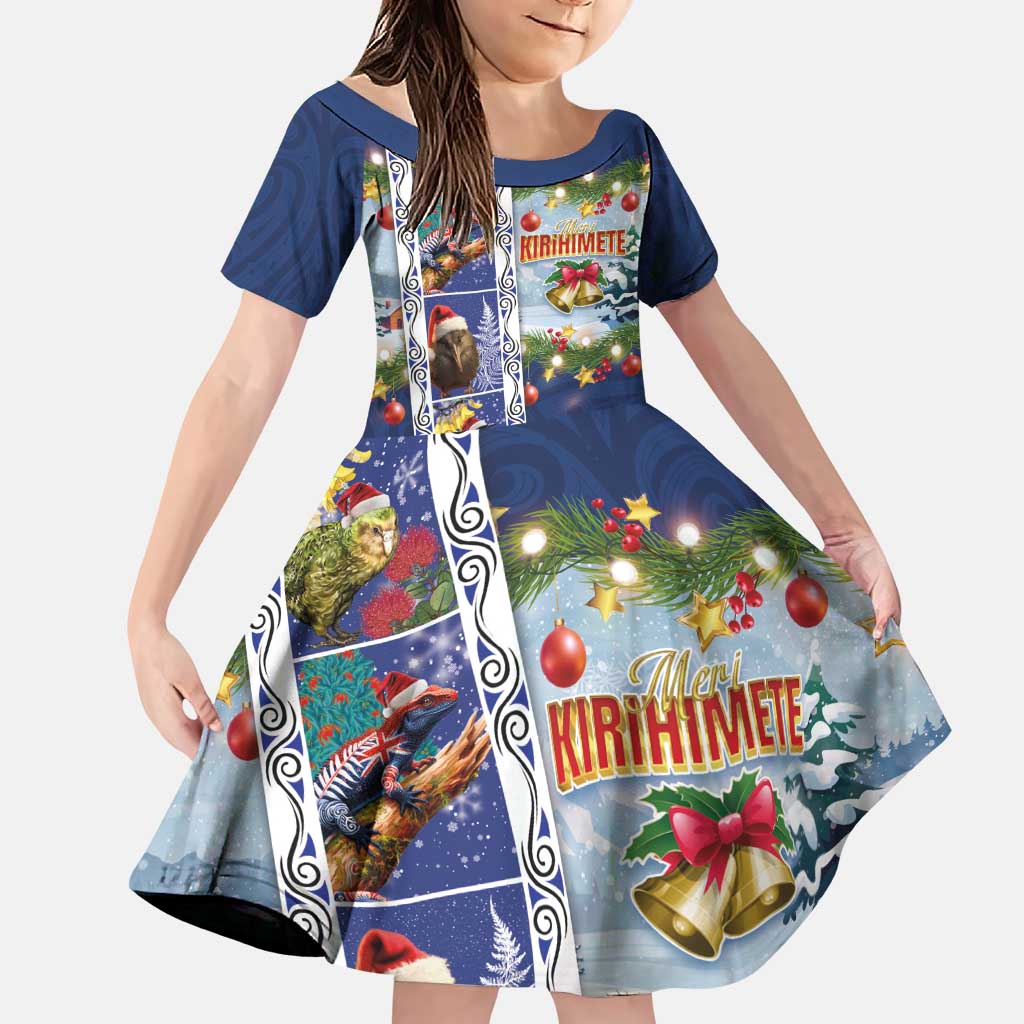 New Zealand Merry Christmas Family Matching Puletasi and Hawaiian Shirt Maori Animals, Koru Tattoo - Blue Xmas Style LT03 Daughter's Dress Blue - Polynesian Pride