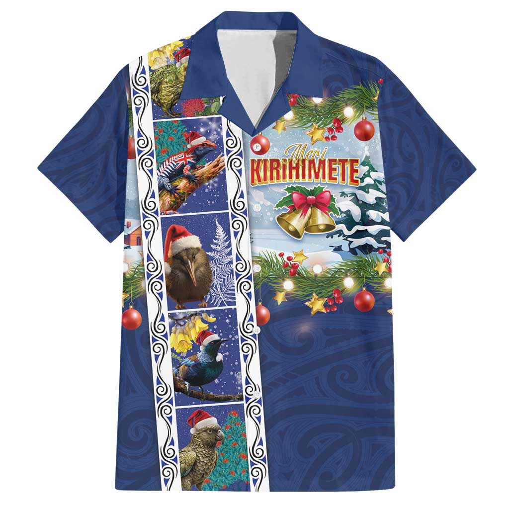 New Zealand Merry Christmas Family Matching Puletasi and Hawaiian Shirt Maori Animals, Koru Tattoo - Blue Xmas Style LT03 Dad's Shirt - Short Sleeve Blue - Polynesian Pride
