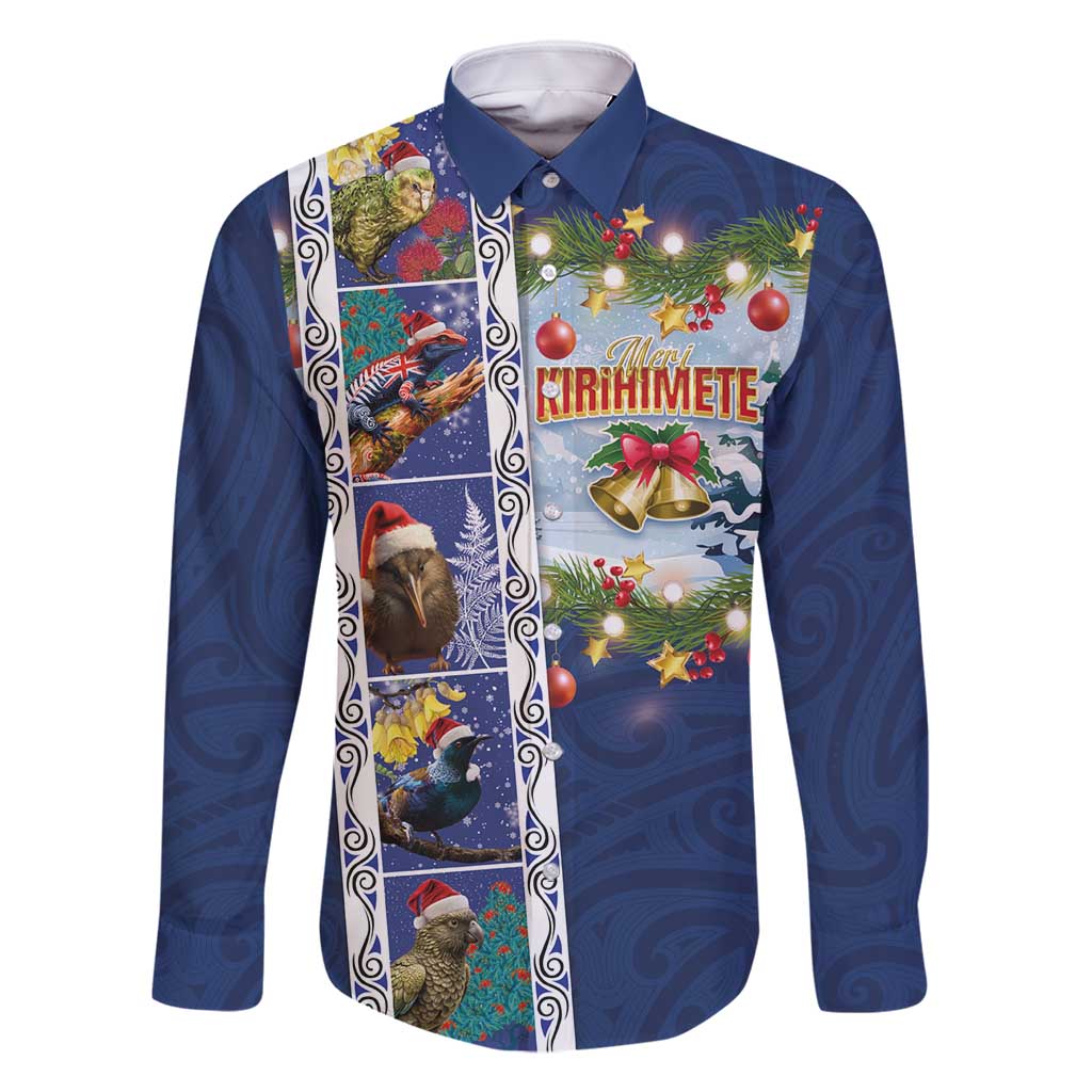 New Zealand Merry Christmas Family Matching Tank Maxi Dress and Hawaiian Shirt Maori Animals, Koru Tattoo - Blue Xmas Style LT03 Dad's Shirt - Long Sleeve Blue - Polynesian Pride