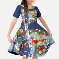 New Zealand Merry Christmas Kid Short Sleeve Dress Maori Animals, Koru Tattoo - Blue Xmas Style LT03 KID Blue - Polynesian Pride