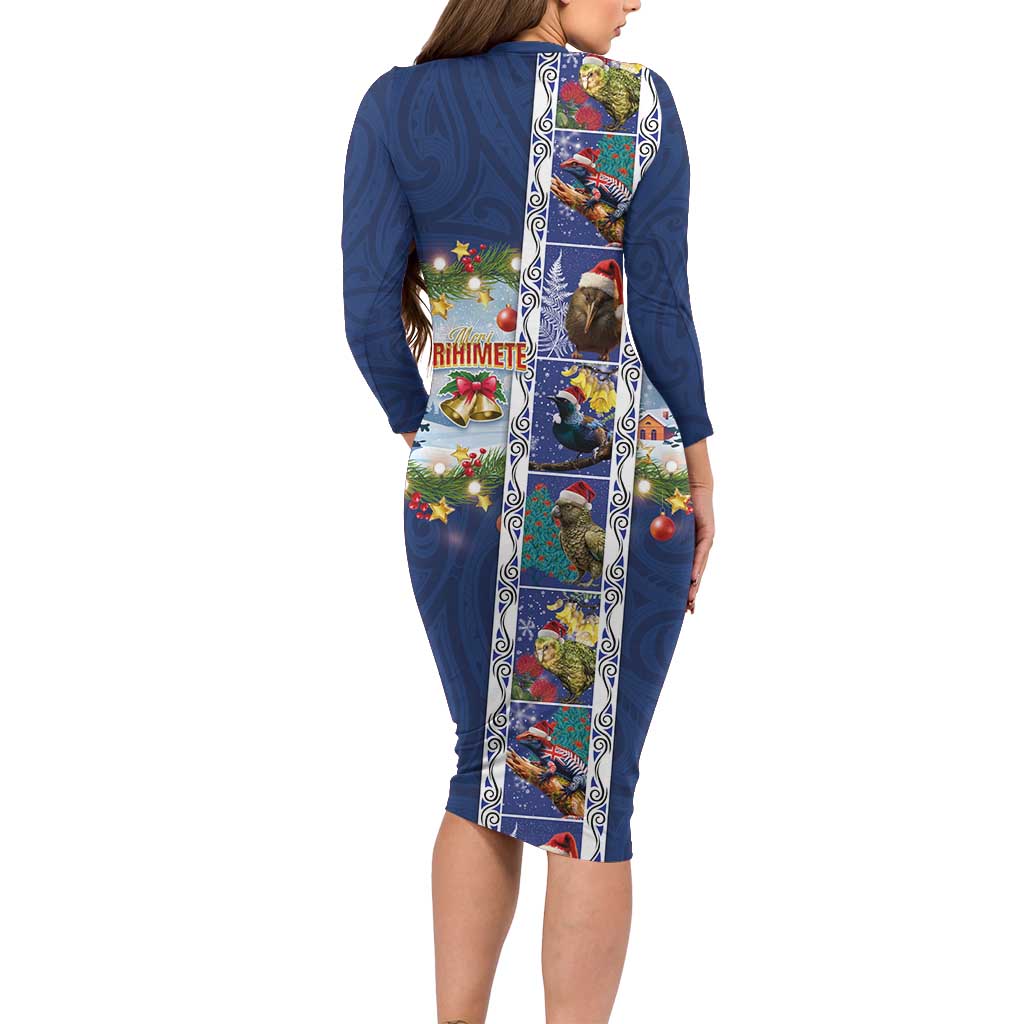 New Zealand Merry Christmas Long Sleeve Bodycon Dress Maori Animals, Koru Tattoo - Blue Xmas Style LT03 - Polynesian Pride