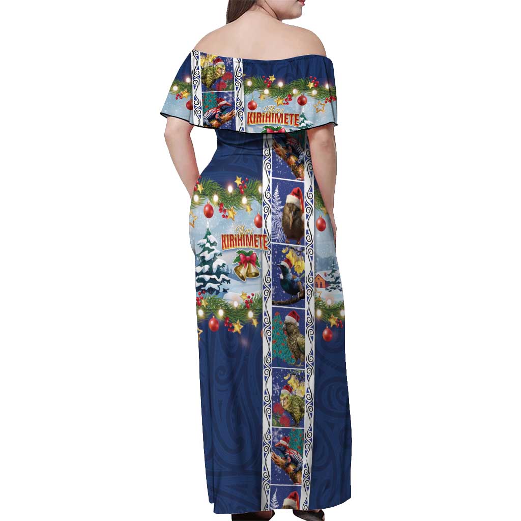 New Zealand Merry Christmas Off Shoulder Maxi Dress Maori Animals, Koru Tattoo - Blue Xmas Style LT03 - Polynesian Pride