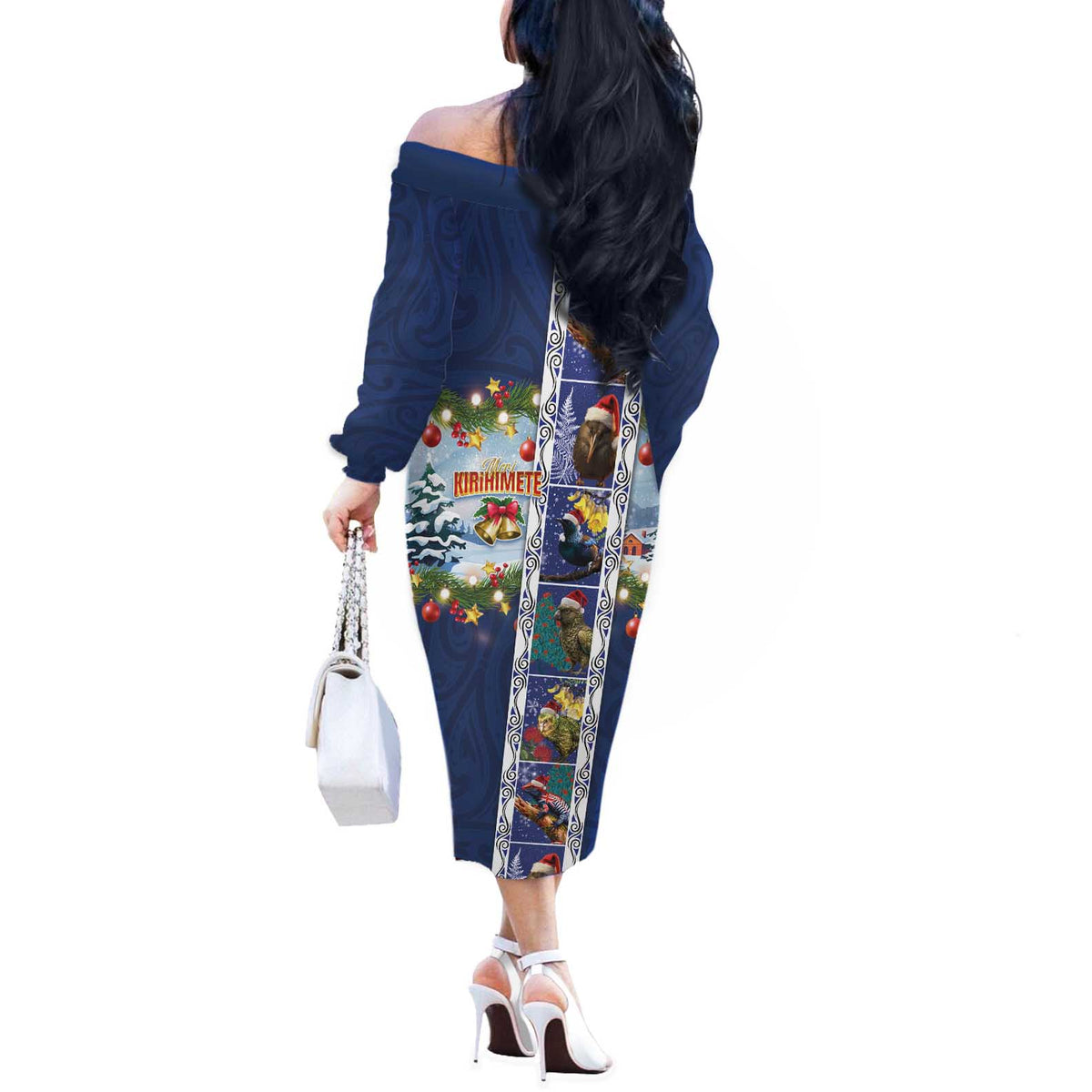 New Zealand Merry Christmas Off The Shoulder Long Sleeve Dress Maori Animals, Koru Tattoo - Blue Xmas Style LT03 - Polynesian Pride