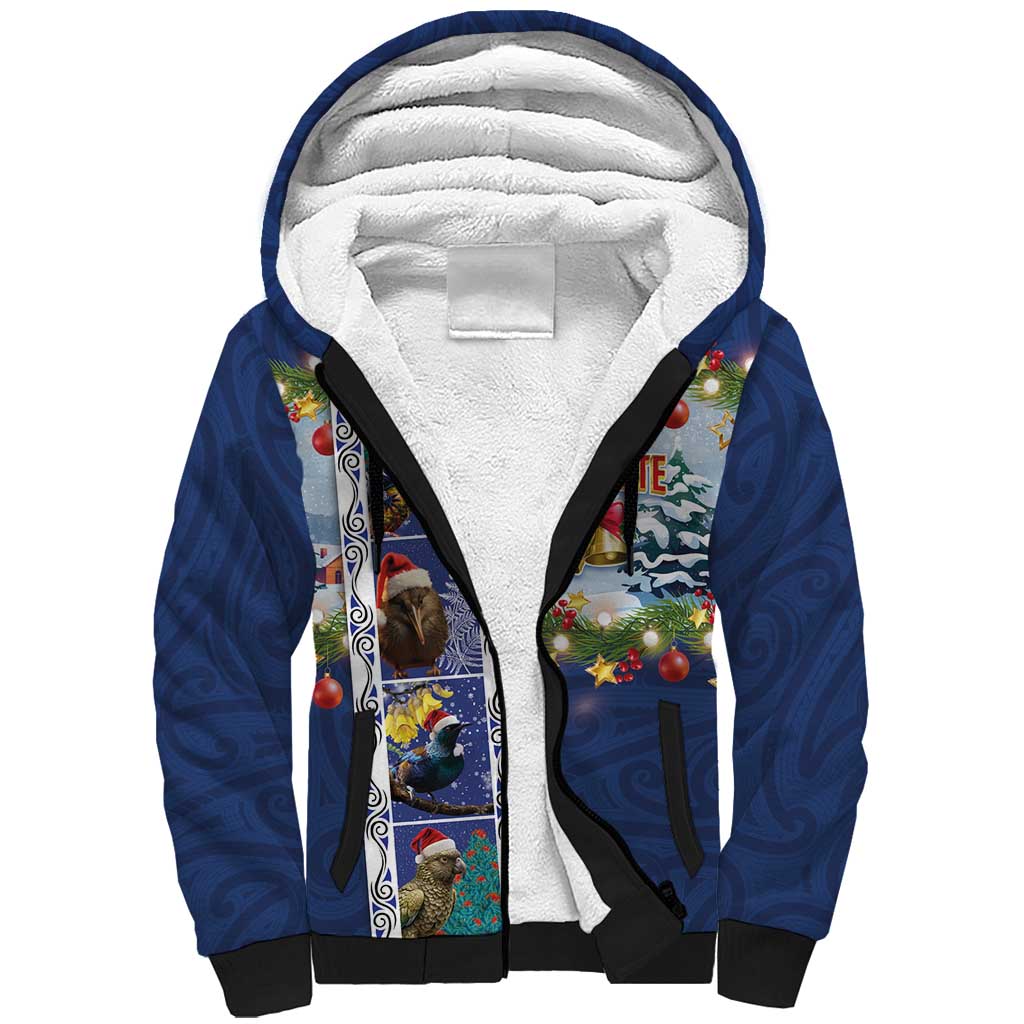 New Zealand Merry Christmas Sherpa Hoodie Maori Animals, Koru Tattoo - Blue Xmas Style LT03 Unisex Blue - Polynesian Pride