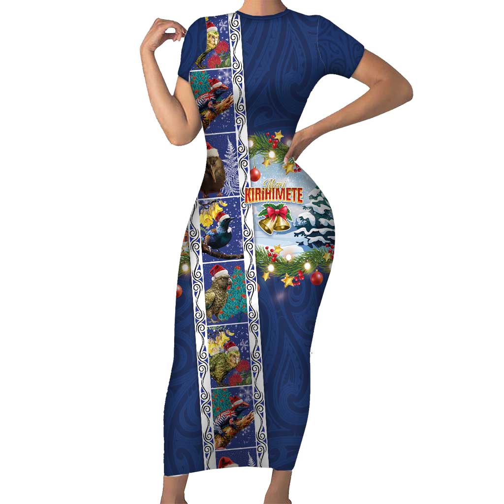 New Zealand Merry Christmas Short Sleeve Bodycon Dress Maori Animals, Koru Tattoo - Blue Xmas Style LT03 Long Dress Blue - Polynesian Pride