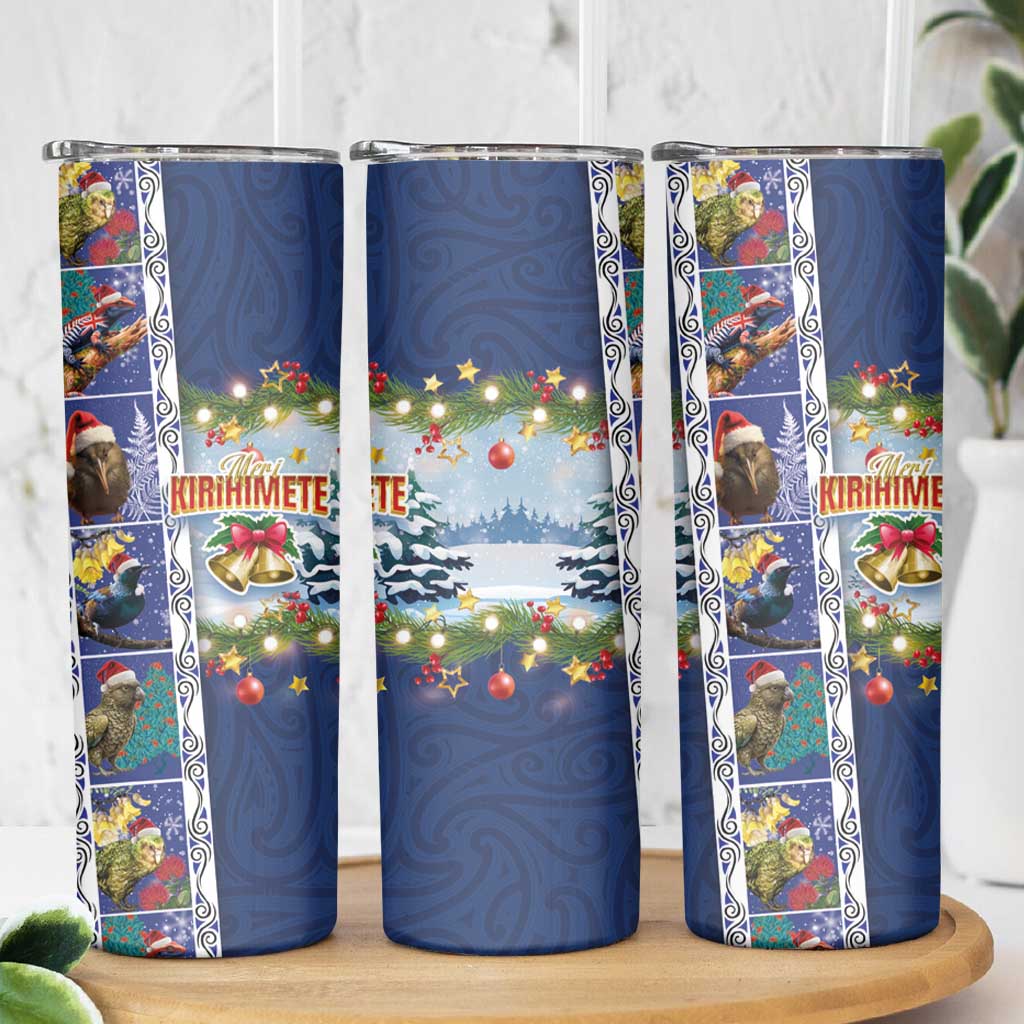 New Zealand Merry Christmas Skinny Tumbler Maori Animals Xmas Style and Koru Tattoo Blue Color LT03 - Polynesian Pride