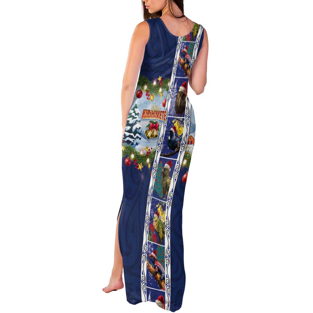 New Zealand Merry Christmas Tank Maxi Dress Maori Animals, Koru Tattoo - Blue Xmas Style LT03 - Polynesian Pride