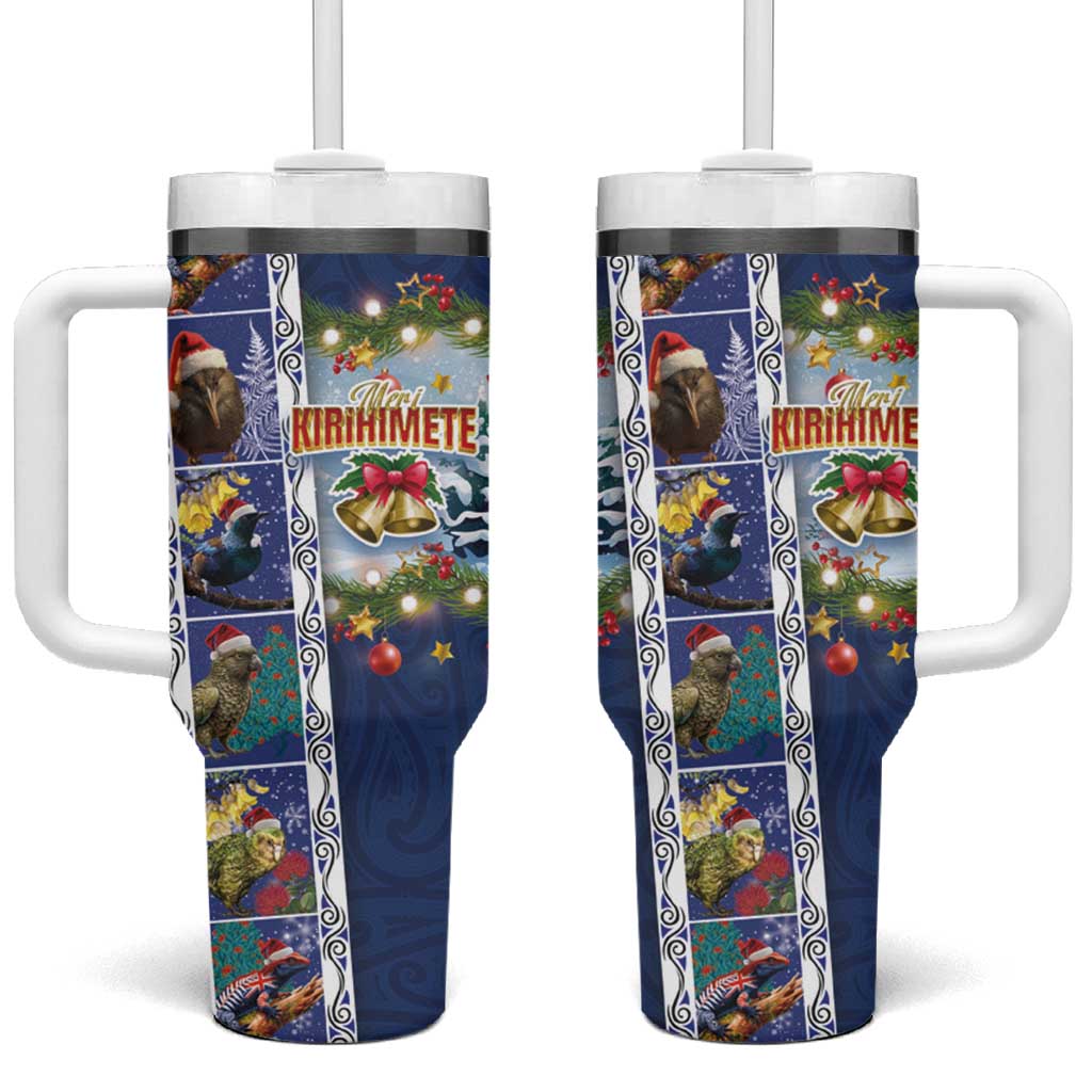 New Zealand Merry Christmas Tumbler With Handle Maori Animals Xmas Style and Koru Tattoo Blue Color LT03 One Size: 40 oz Blue - Polynesian Pride