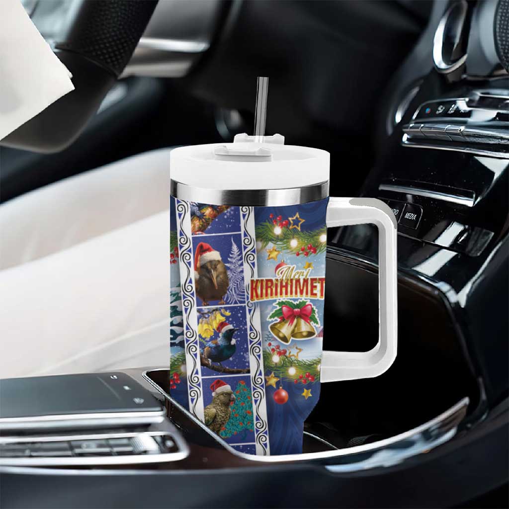 New Zealand Merry Christmas Tumbler With Handle Maori Animals Xmas Style and Koru Tattoo Blue Color LT03 - Polynesian Pride