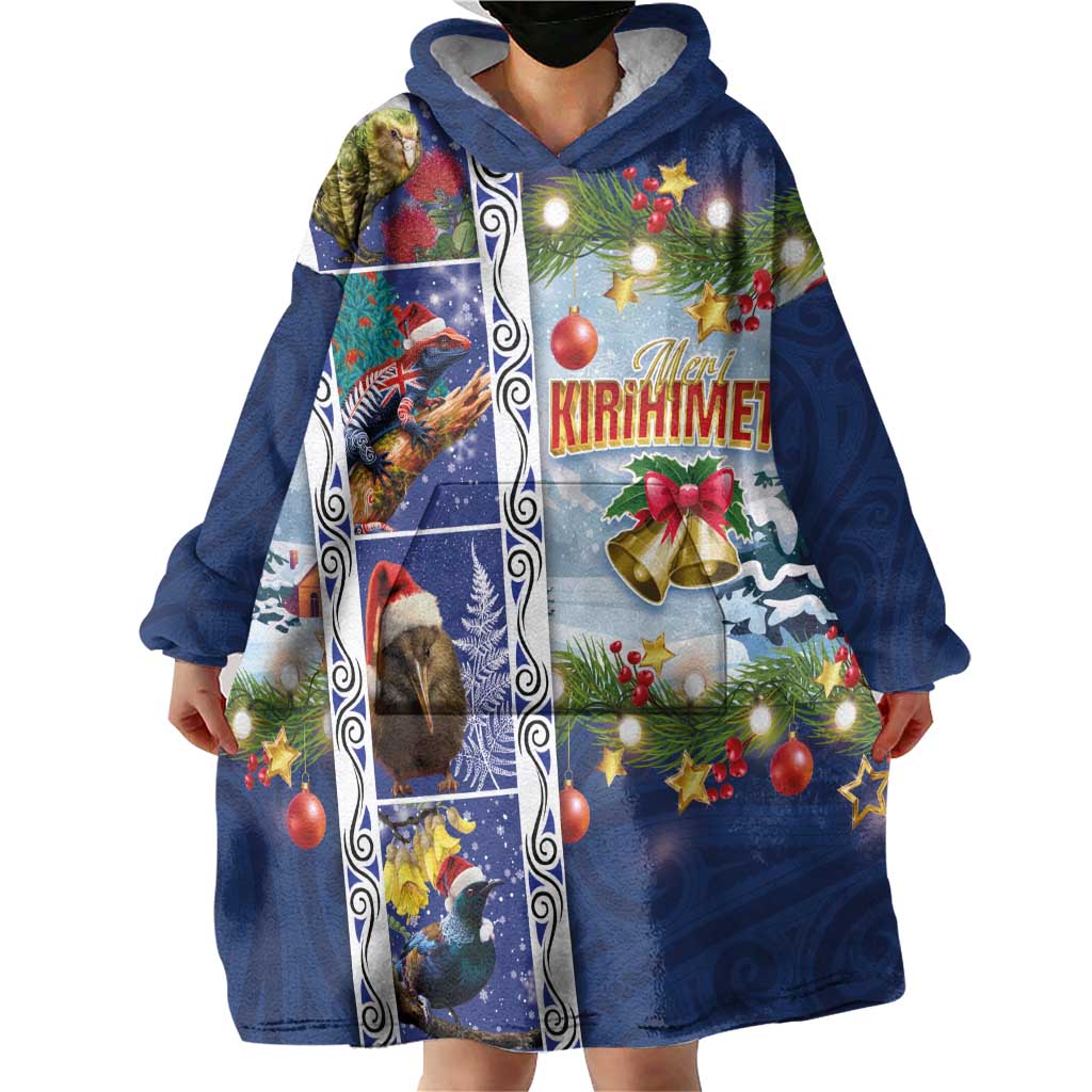 New Zealand Merry Christmas Wearable Blanket Hoodie Maori Animals, Koru Tattoo - Blue Xmas Style LT03 - Polynesian Pride