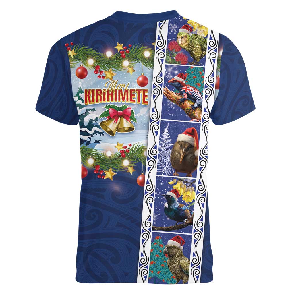 New Zealand Merry Christmas Women V-Neck T-Shirt Maori Animals, Koru Tattoo - Blue Xmas Style