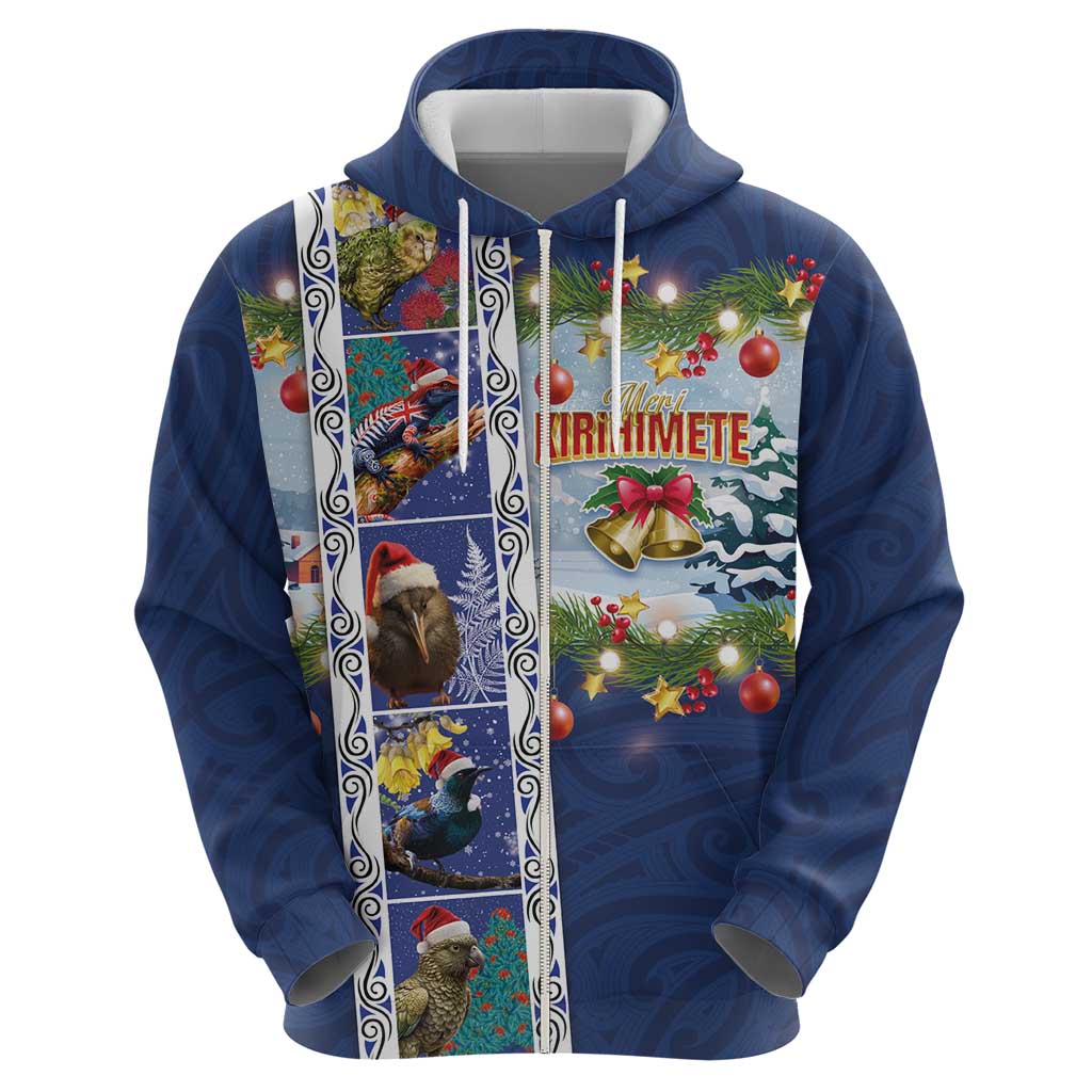 New Zealand Merry Christmas Zip Hoodie Maori Animals, Koru Tattoo - Blue Xmas Style LT03 - Polynesian Pride